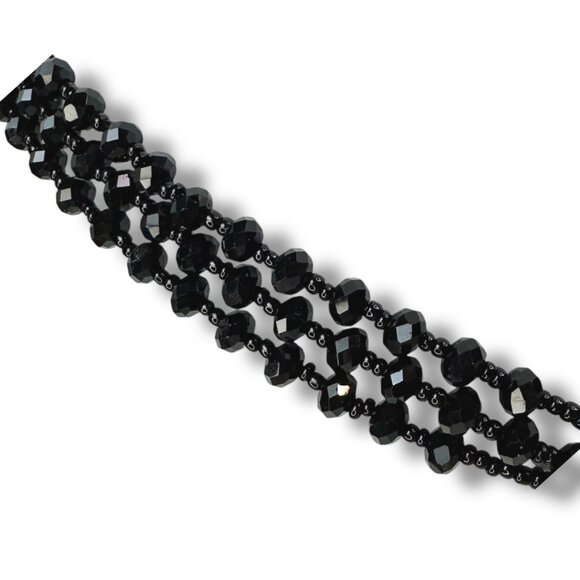 Vintage Handcrafted Jet Black Glass Bead Statement Necklace, Faceted, Seed Beads - Picture 8 of 9